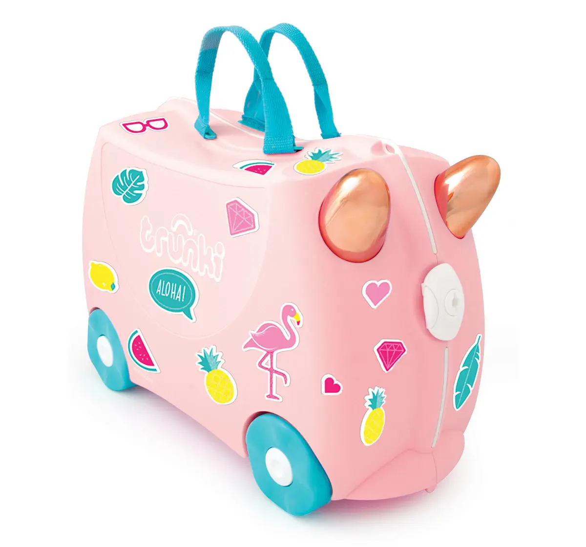 Trunki Flossi Flamingo Ride-On Suitcase, Carry-On Luggage for Kids, Fun Travel Companion with Toy Storage, 3Y+