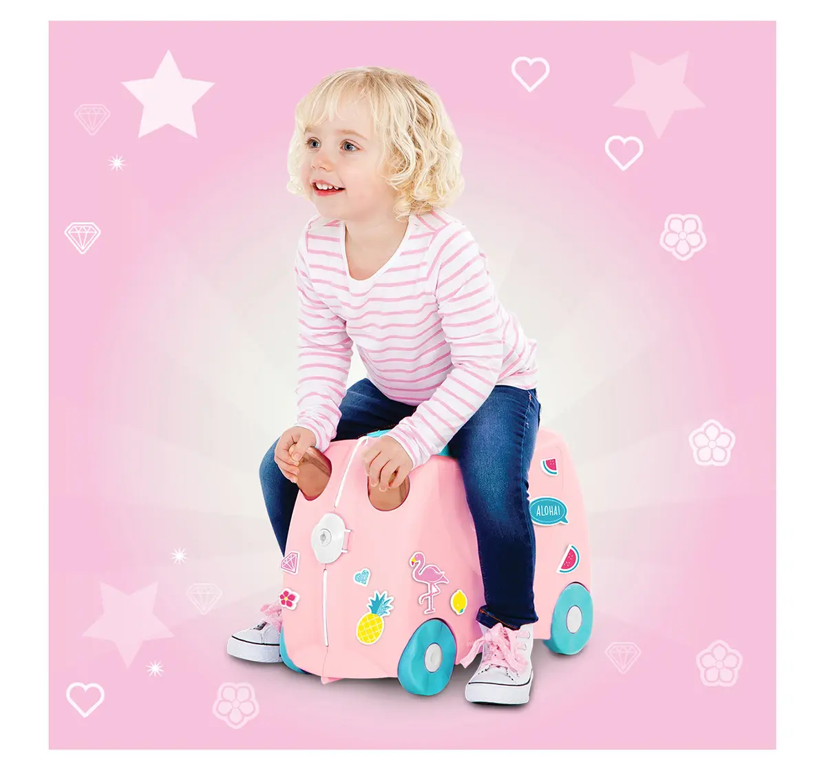 Trunki Flossi Flamingo Ride-On Suitcase, Carry-On Luggage for Kids, Fun Travel Companion with Toy Storage, 3Y+