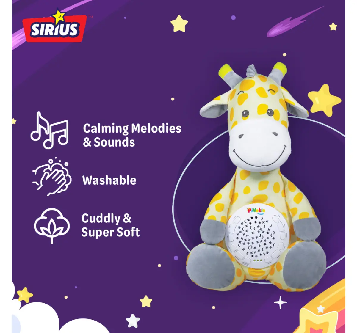 Pinokio Giraffe Projector Teddy Bear, Soft Plush Toy with Soothing LED Nightlight for Kids’ Cozy Sleep and Dreamy Nights, 18M+