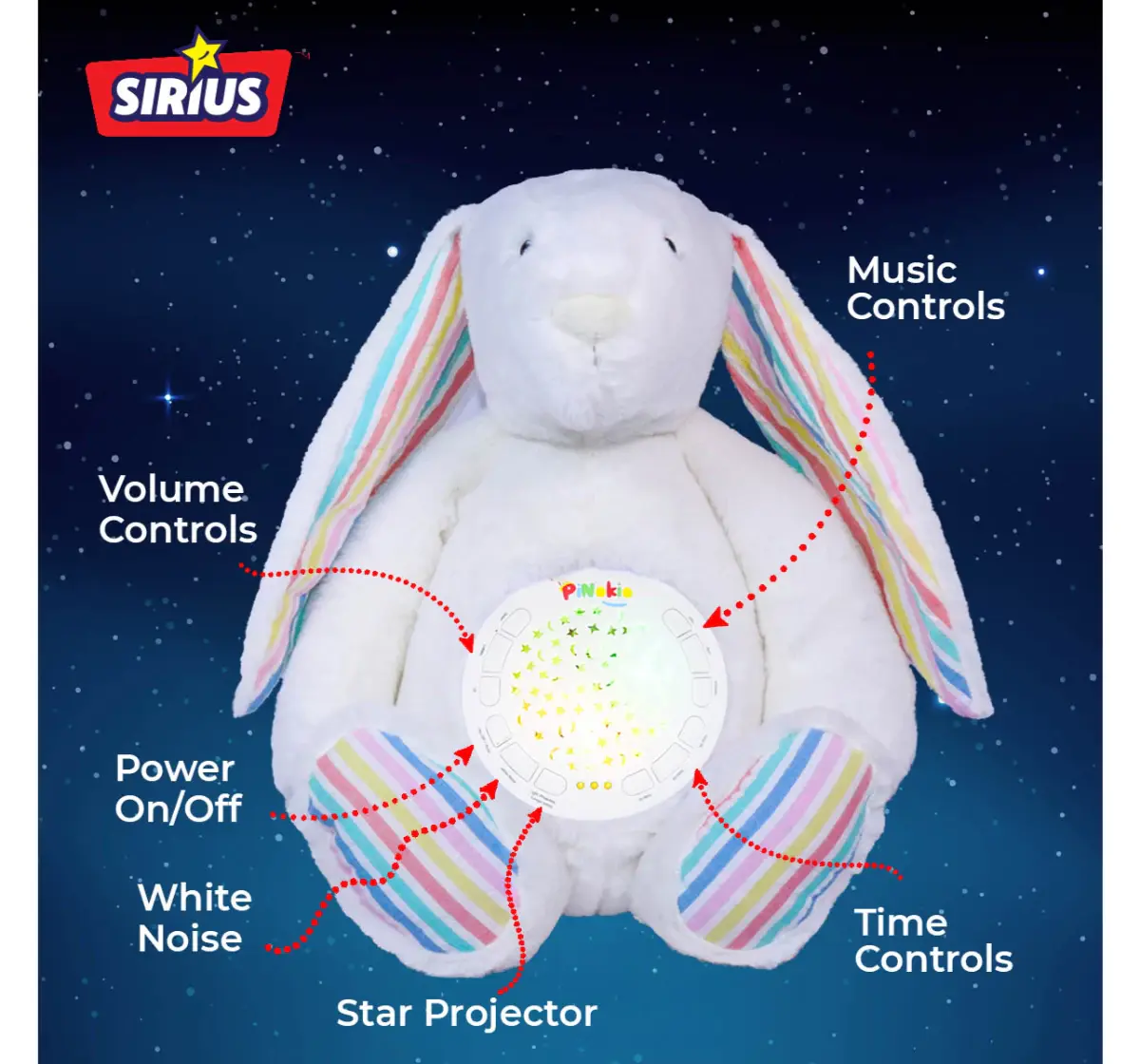 Pinokio The Bunny Projector Teddy Bear, Soft Plush Toy with Soothing LED Nightlight for Kids’ Cozy Sleep and Dreamy Nights, 18M+ White