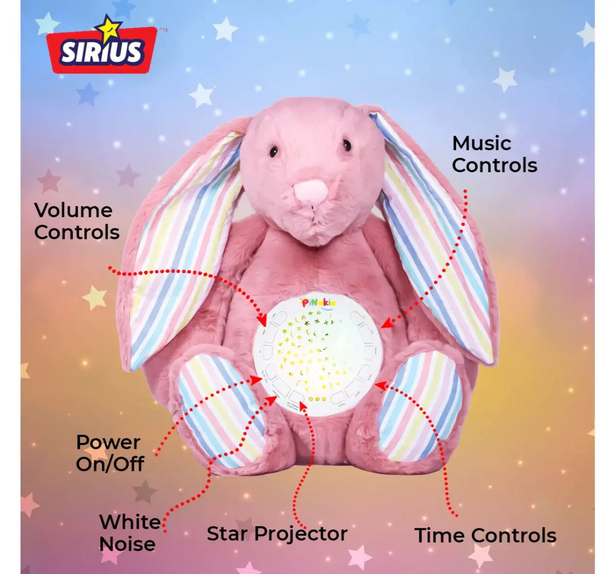 Pinokio The Bunny Projector Teddy Bear, Soft Plush Toy with Soothing LED Nightlight for Kids’ Cozy Sleep and Dreamy Nights, 18M+ Pink