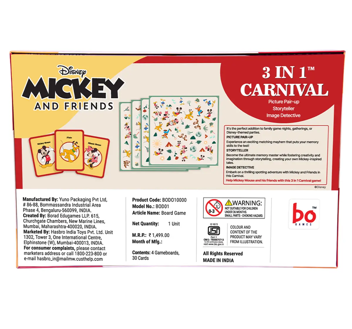 Borad 3 In Carnival Board & Card Game Mickey and Friends, 2 to 6 Players, 3 Games in one box, 3Y+