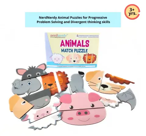 NerdNerdy Animals Match Puzzle, 6 wooden animals puzzle, 3Y+, Can also be used for Special Needs