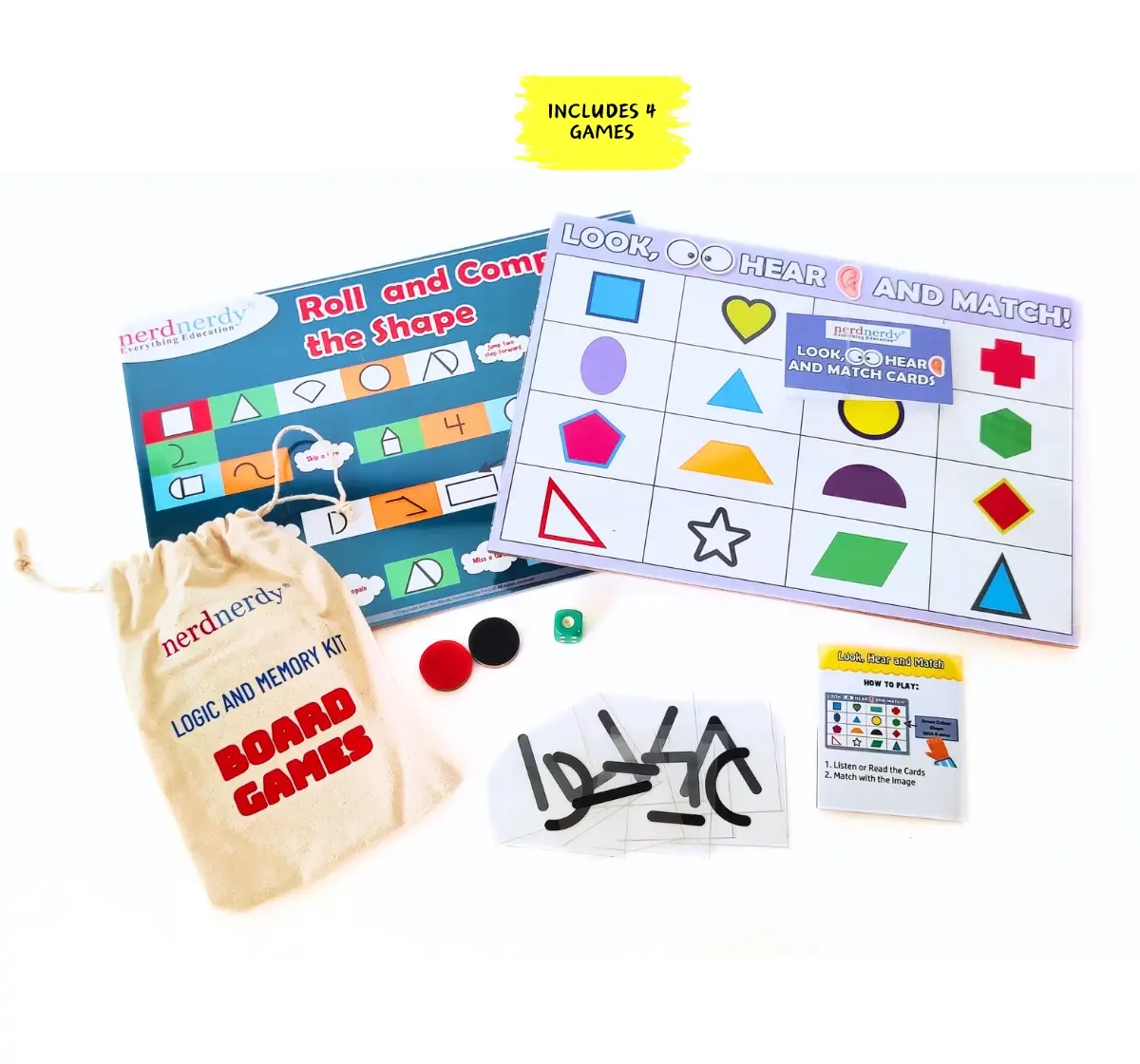 NerdNerdy Logic & Memory Building Kit, Psychologist developed, 4 games, 5+yr, Focus on assessing child's memory and logical thinking skills