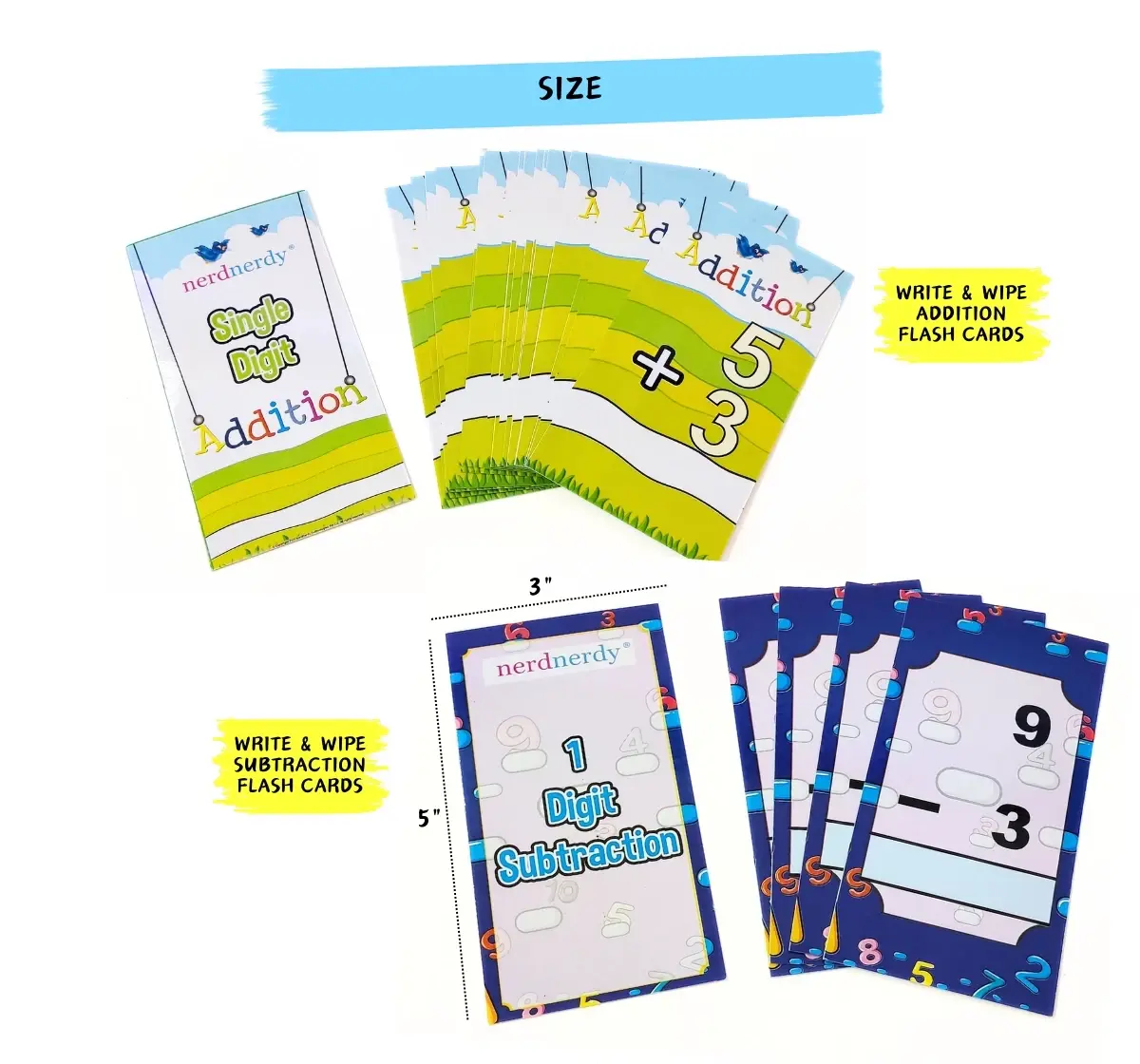 NerdNerdy Math bundle of Addition, Subtraction Flashcards, single digit and double digit