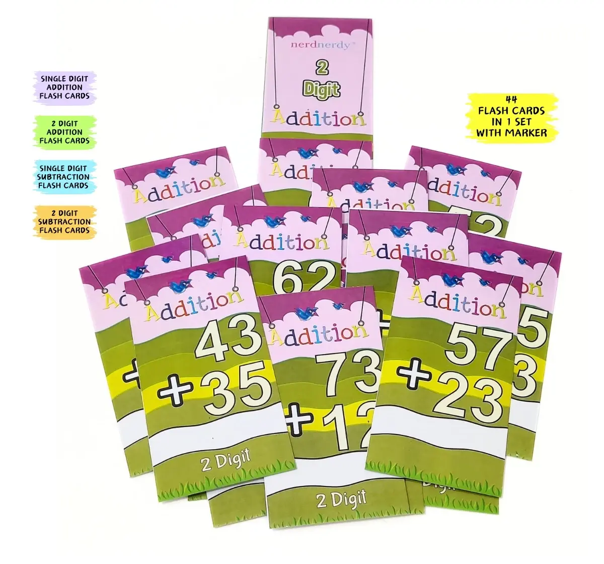NerdNerdy Math bundle of Addition, Subtraction Flashcards, single digit and double digit