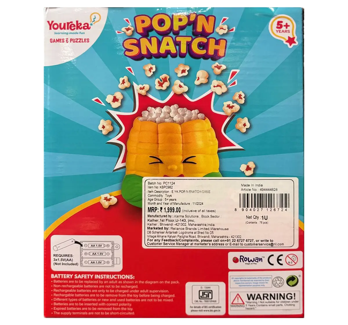 Youreka POP N Snatch Game, Popcorn Board Game, 5Y+