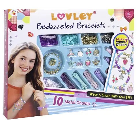 Luvley Bedazzeled Bracelets with 10 Metal Charms, Make 7 Gorgeous Jewellery, 3Y+