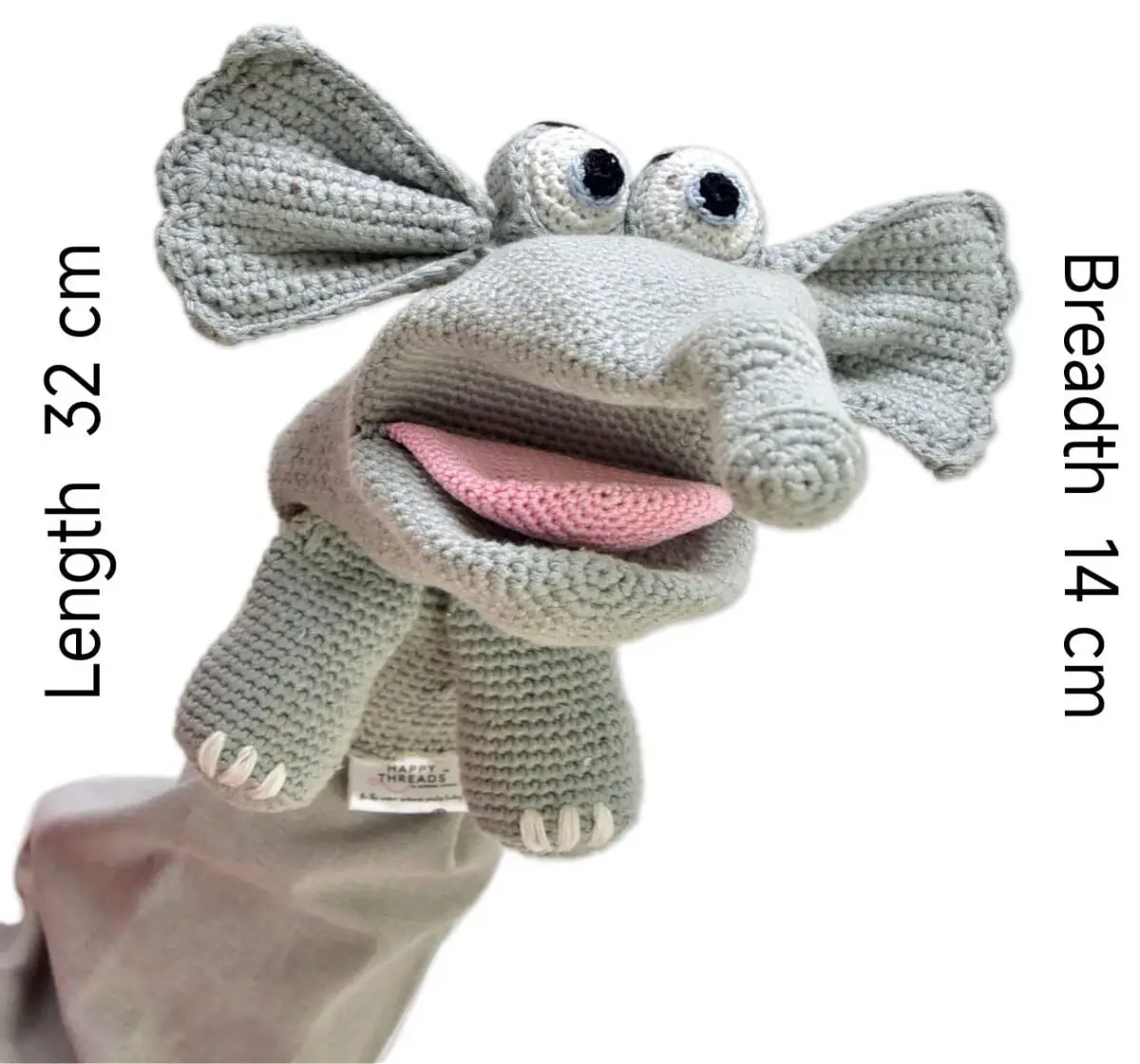 Happy Threads Handcrafted Jumbo the Elephant Hand Puppets, 3Y+