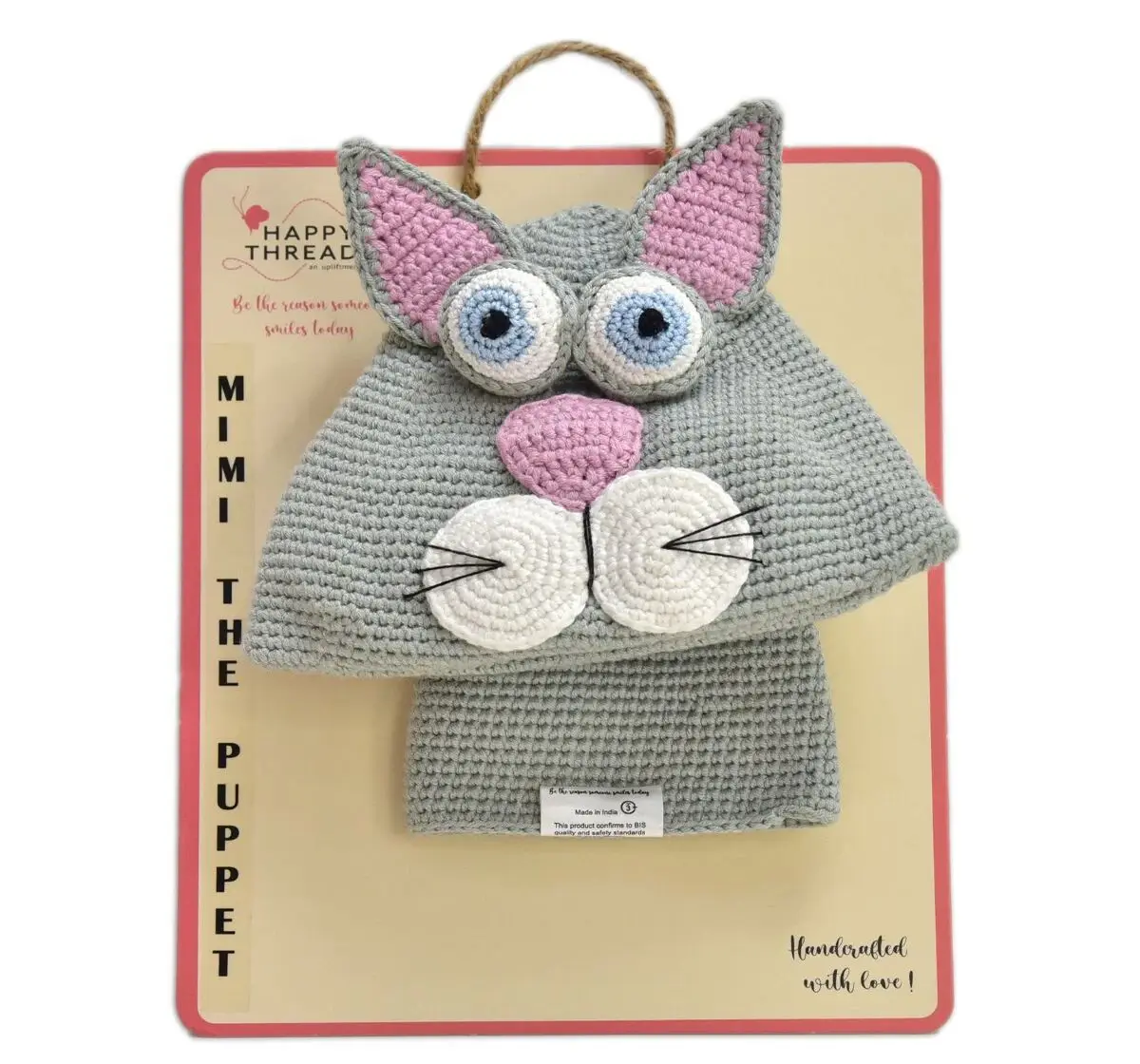 Happy Threads Handcrafted Mimi the Cat Hand Puppets, 3Y+