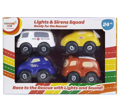 Shooting Star Light & Siren Vehicle Toys for Kids, Friction Powered Running Cars Pack of 4, 24M+