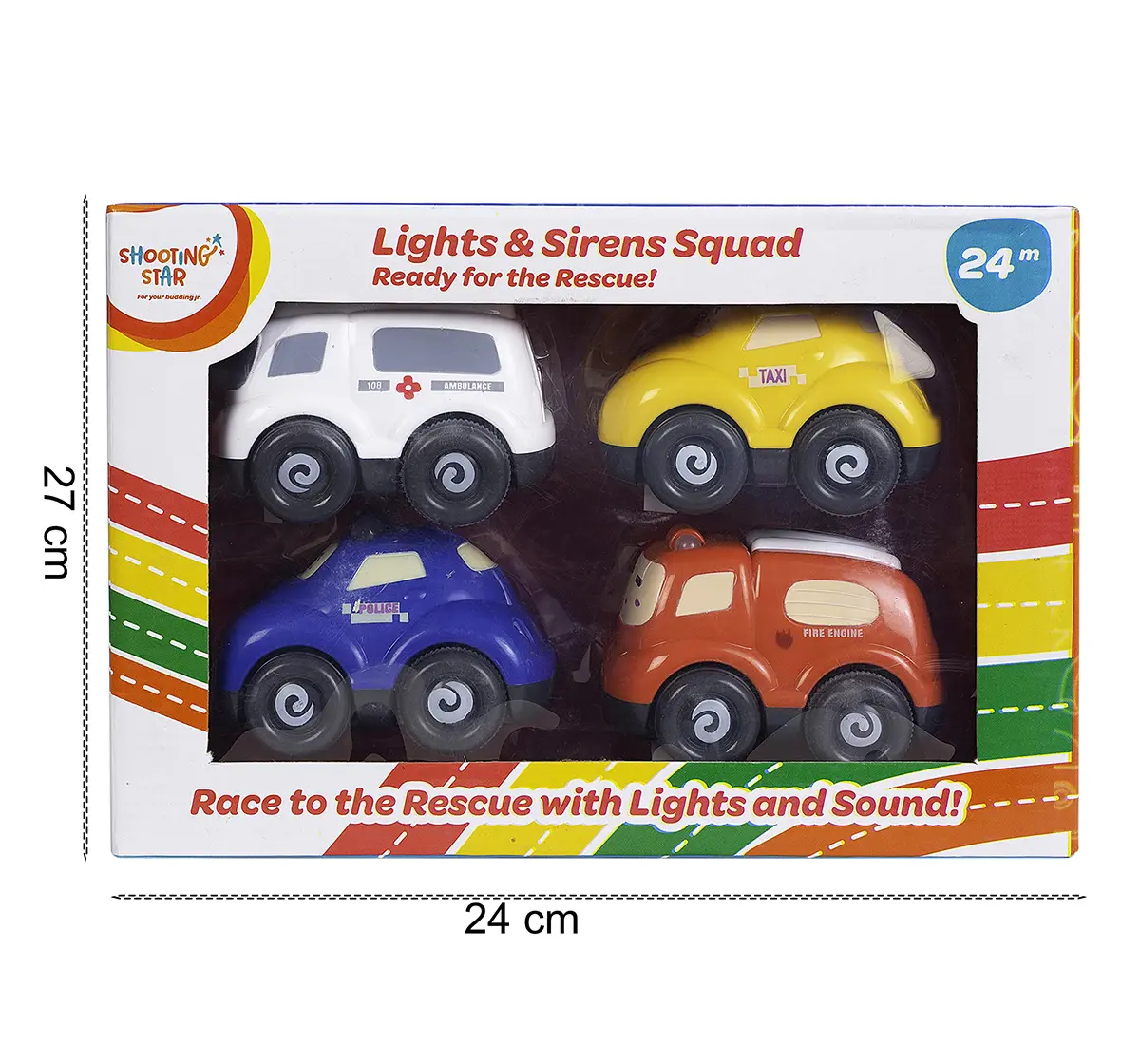 Shooting Star Light & Siren Vehicle Toys for Kids, Friction Powered Running Cars Pack of 4, 24M+
