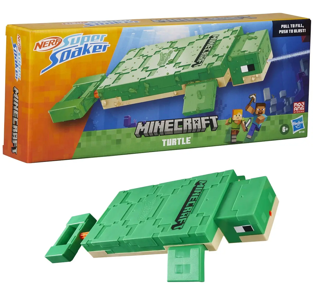 Nerf Super Soaker Minecraft Turtle Water Blaster - Pichkari, Pull Back Plunger Handle, Easy to Use, Outdoor Water Toys, 6Y+