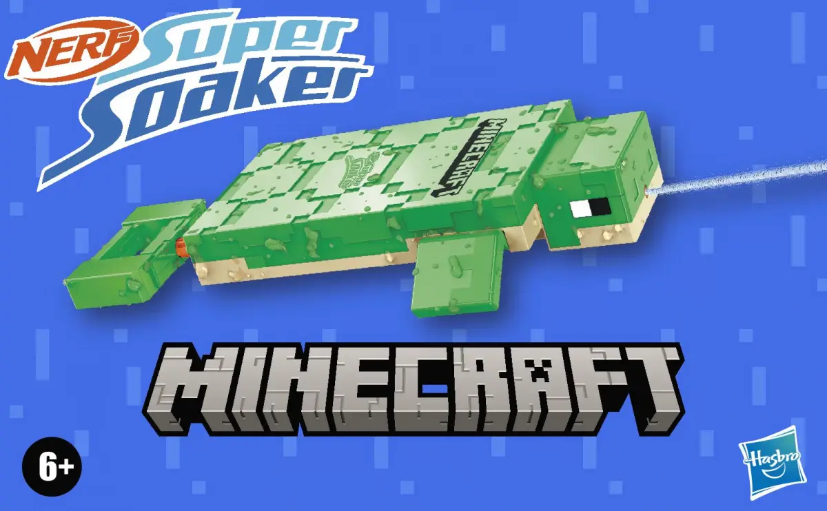 Nerf Super Soaker Minecraft Turtle Water Blaster - Pichkari, Pull Back Plunger Handle, Easy to Use, Outdoor Water Toys, 6Y+