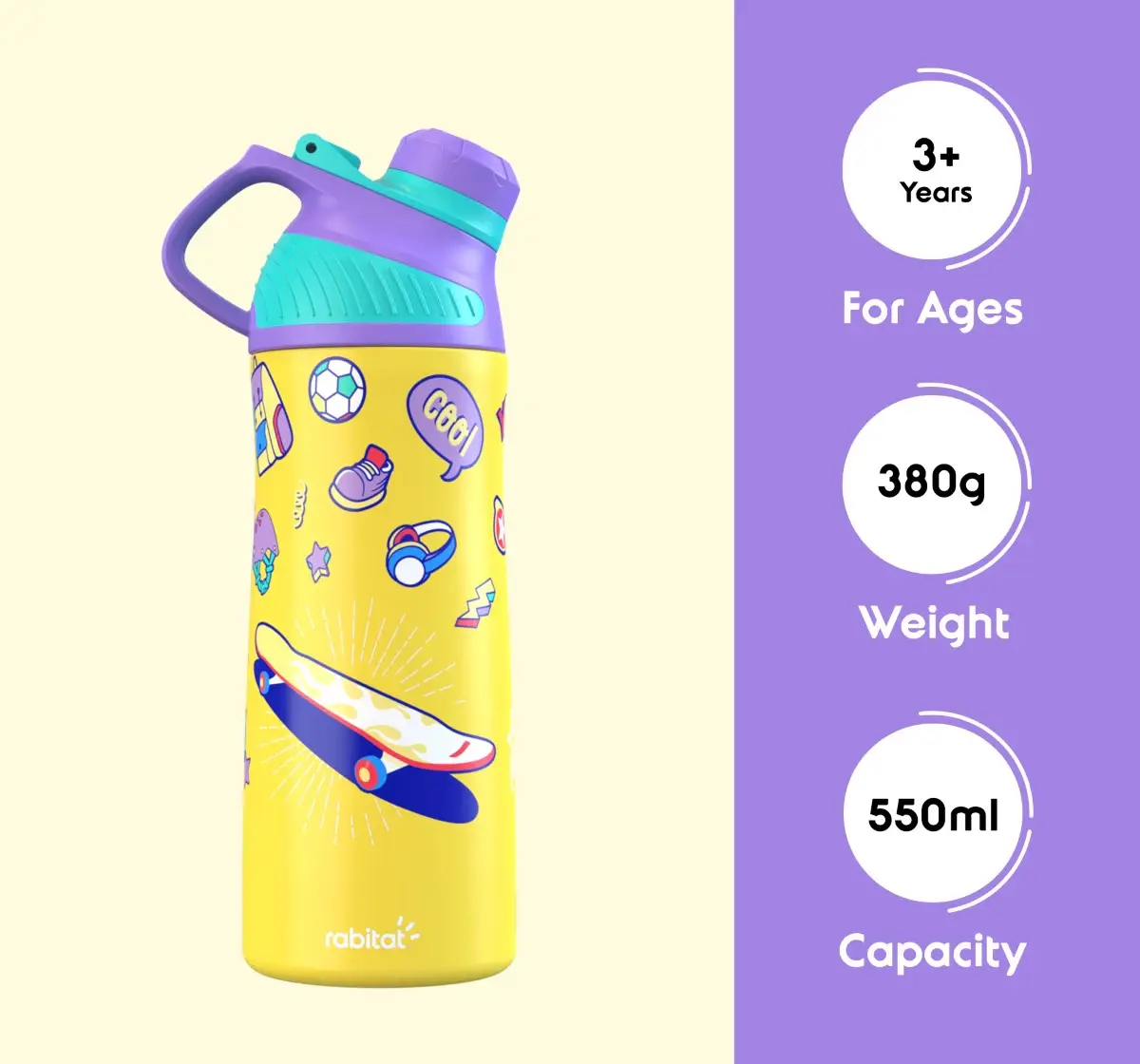 Rabitat Zylo Vacuum Insulated Stainless Steel Bottle 550 ml-Spunky, 6Y+