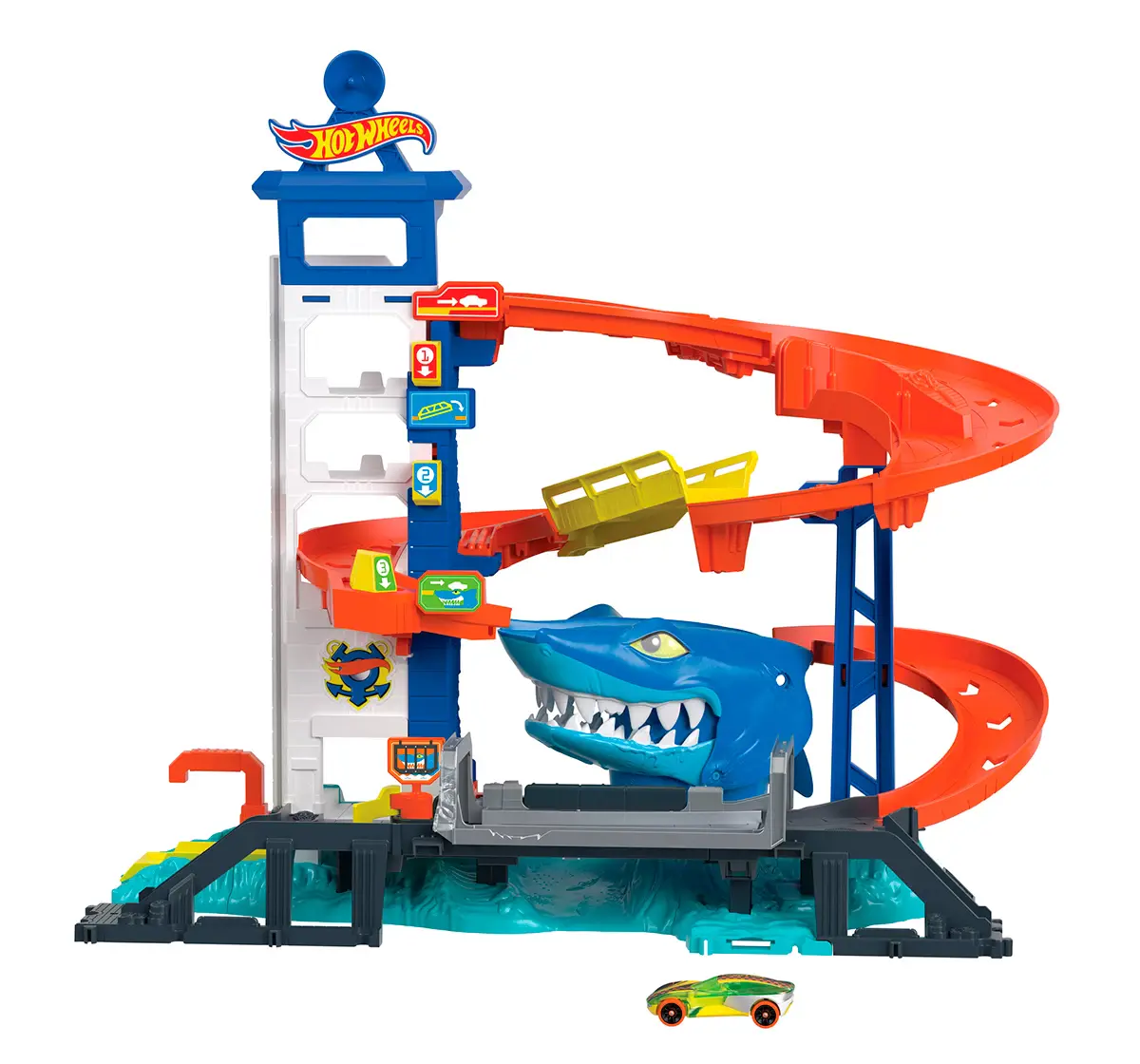 Hot Wheels 1:64 Scale City Fall Key Driver Track Set 4Y+, Multi-Level Playset with Shark Nemesis Challenge, City Shark Escape Playset, Multicolour