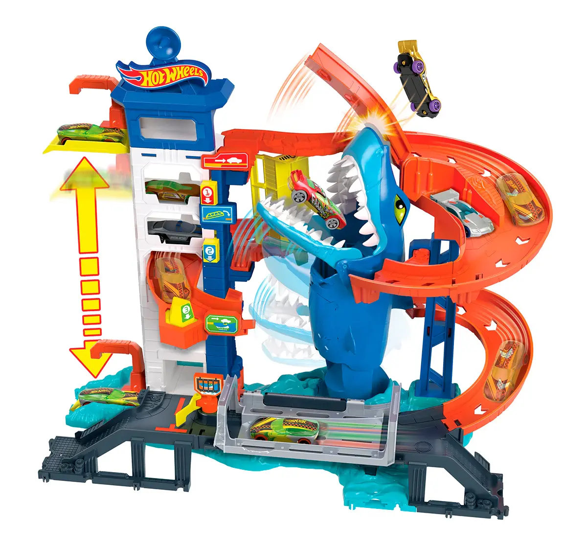 Hot Wheels 1:64 Scale City Fall Key Driver Track Set 4Y+, Multi-Level Playset with Shark Nemesis Challenge, City Shark Escape Playset, Multicolour