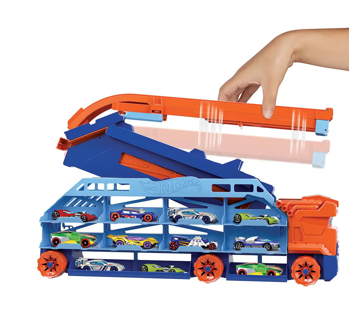 Hot Wheels Display Hauler 4Y+, City Transporter - with extendable downhill ramp, loading area for 20 vehicles and special wheels, Multicolour
