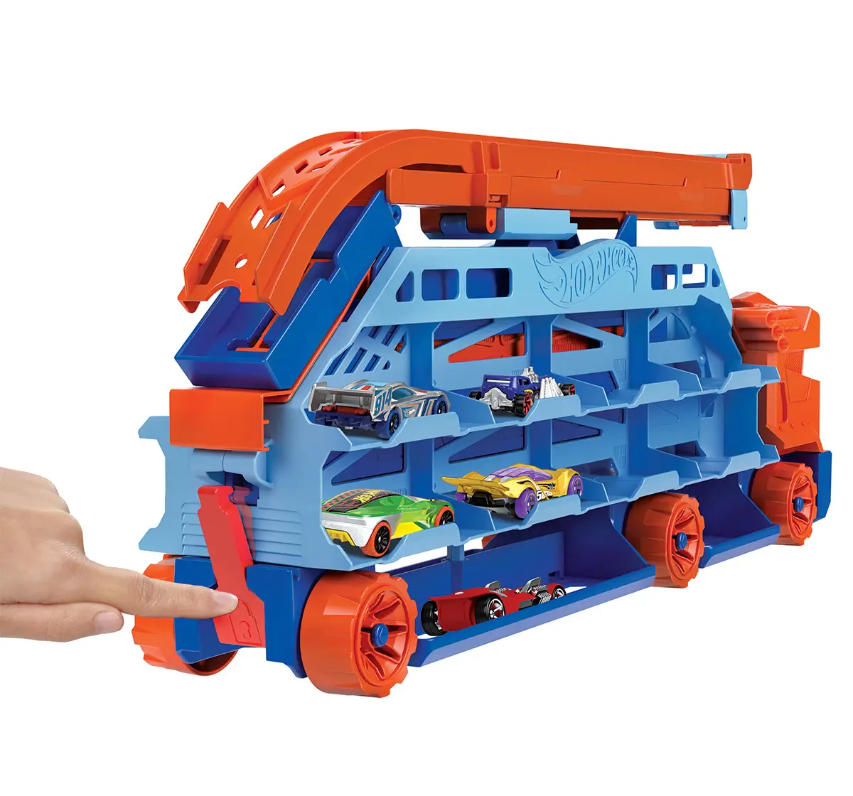 Hot Wheels Display Hauler 4Y+, City Transporter - with extendable downhill ramp, loading area for 20 vehicles and special wheels, Multicolour