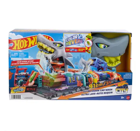 Hot Wheels Track Set City Shark Car Wash Station with 1:64 Scale Colour Reveal Car, Colour Changing Car 3Y+, Multicolour