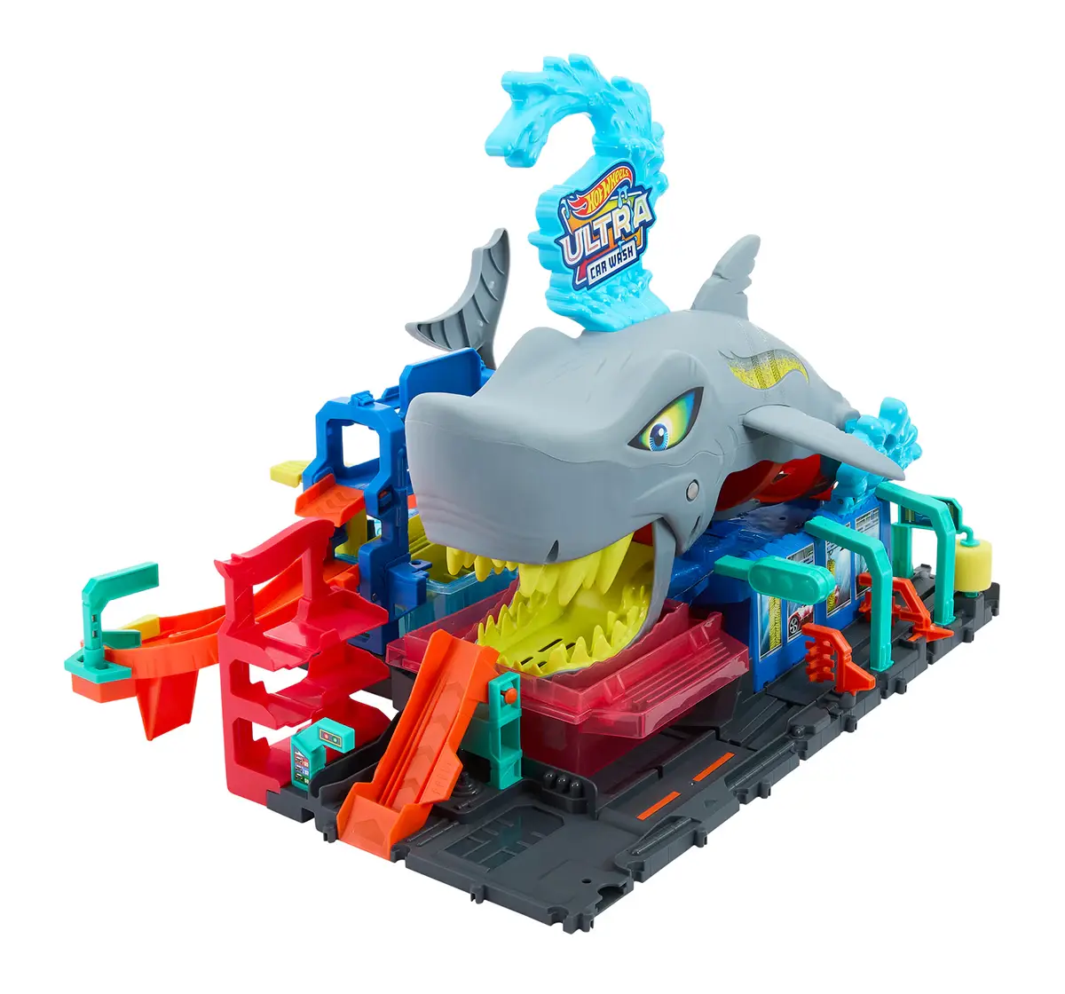 Hot Wheels Track Set City Shark Car Wash Station with 1:64 Scale Colour Reveal Car, Colour Changing Car 3Y+, Multicolour