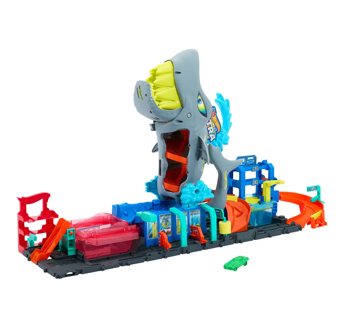 Hot Wheels Track Set City Shark Car Wash Station with 1:64 Scale Colour Reveal Car, Colour Changing Car 3Y+, Multicolour