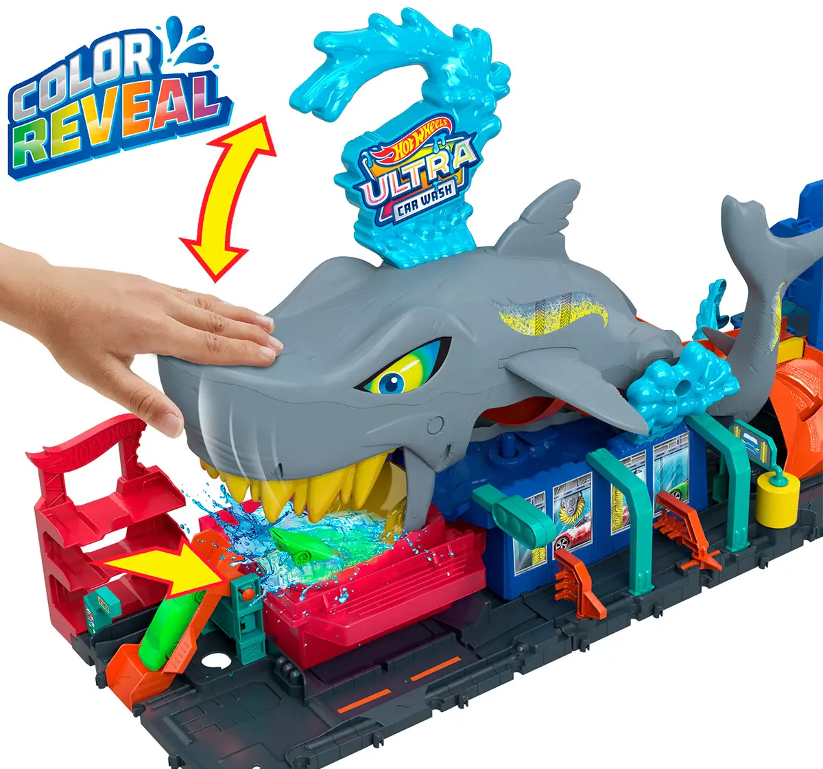 Hot Wheels Track Set City Shark Car Wash Station with 1:64 Scale Colour Reveal Car, Colour Changing Car 3Y+, Multicolour