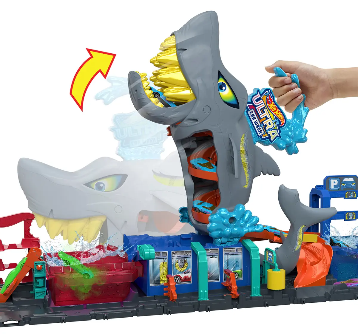 Hot Wheels Track Set City Shark Car Wash Station with 1:64 Scale Colour Reveal Car, Colour Changing Car 3Y+, Multicolour