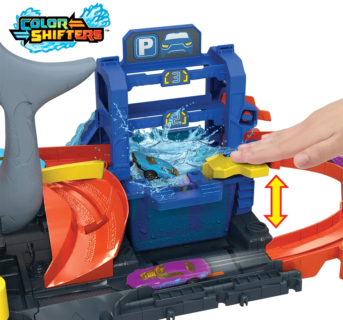 Hot Wheels Track Set City Shark Car Wash Station with 1:64 Scale Colour Reveal Car, Colour Changing Car 3Y+, Multicolour