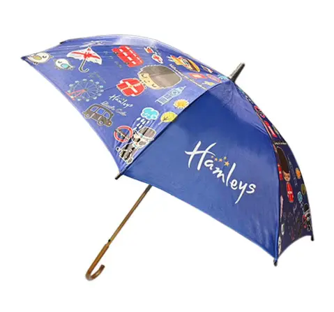 Hamleys London Print 28 inches Single Fold Rain Umbrella with Wooden Bend Handle, 5Y+, Blue