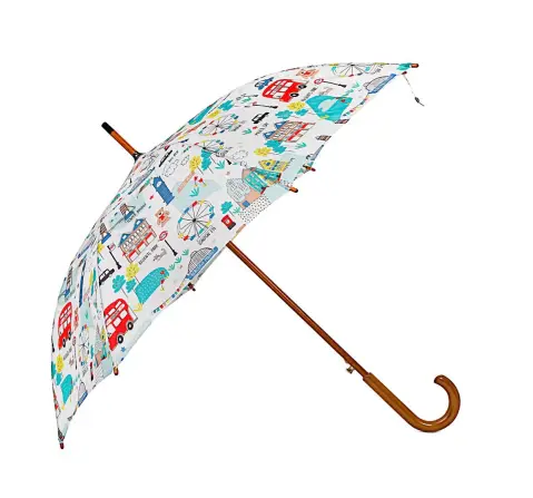 Hamleys London Big Ben Print 28 inches Single Fold Rain Umbrella with Wooden Bend Handle, 5Y+, White