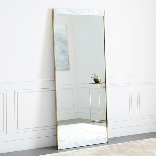Marble & Brass Floor Mirror, White