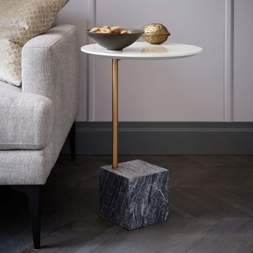 Cube Side Table, White/Antique Bronze/Gray Marble