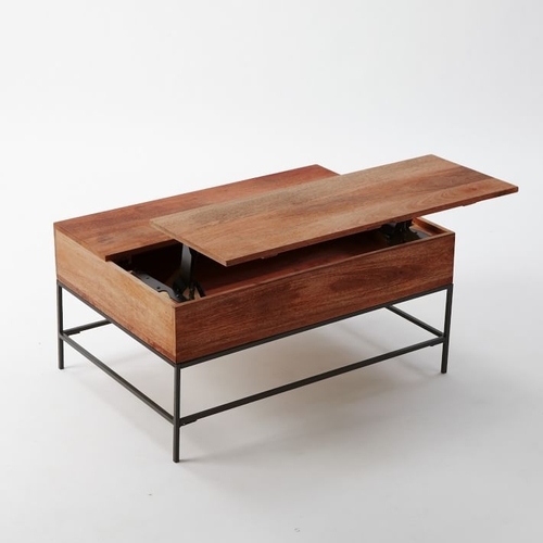 Industrial 36" Solid Wood Storage Pop Up Coffee Table, Café, Blackened Steel