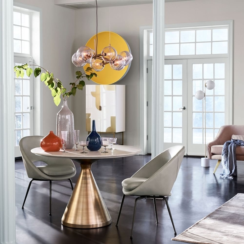 Silhouette Pedestal Round Dining Table White Marble/Antique Brass