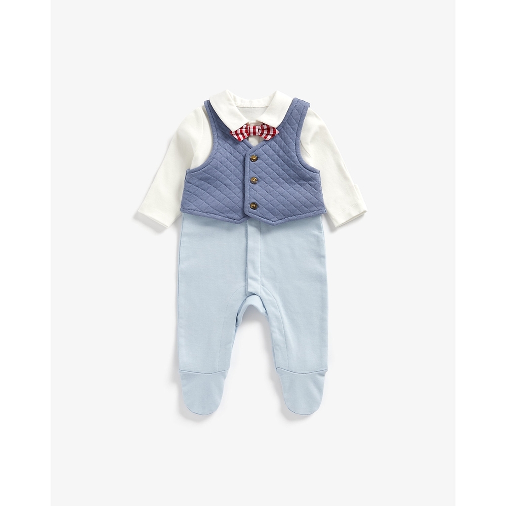 

Boys Full Sleeves Mock Shirt Waistcoat And Bow Tie Romper - Blue