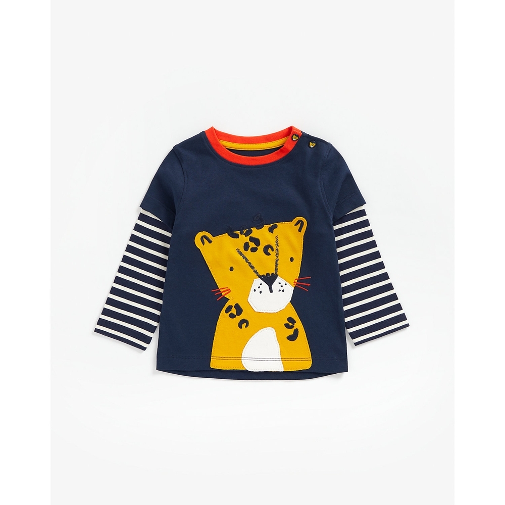

Boys Full Sleeves T-Shirt Leopard Embroidery And Patchwork - Navy