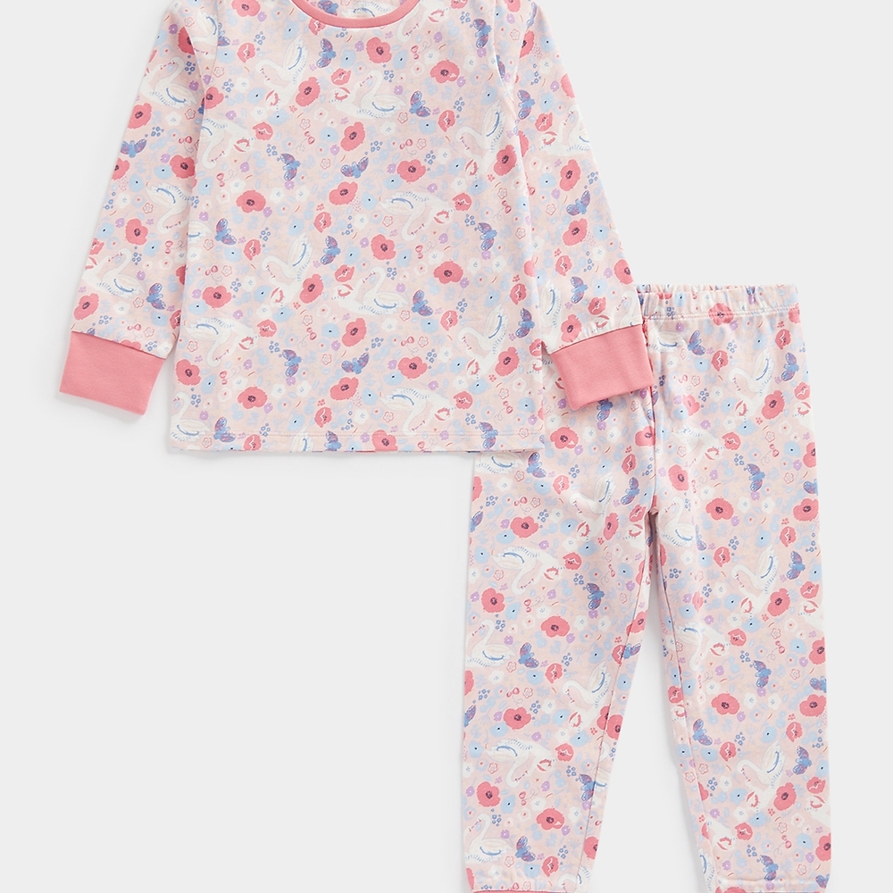 

Mothercare Girls Full Sleeves Swan print Pyjama -Pink