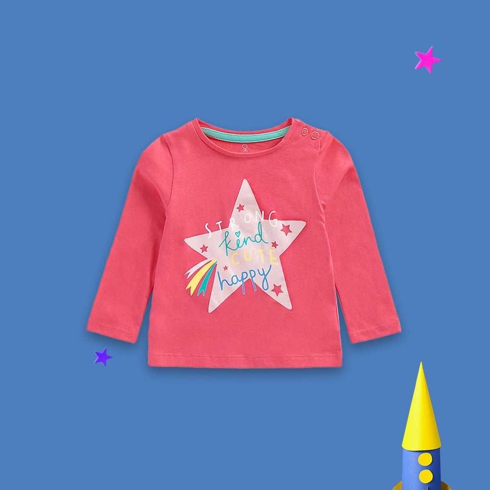 

Girls Full Sleeves T Shirts Star Slogan Print-Pink