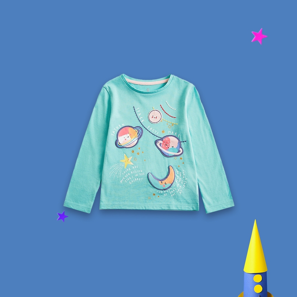 

Girls Full Sleeves T Shirts Space Prints-Green