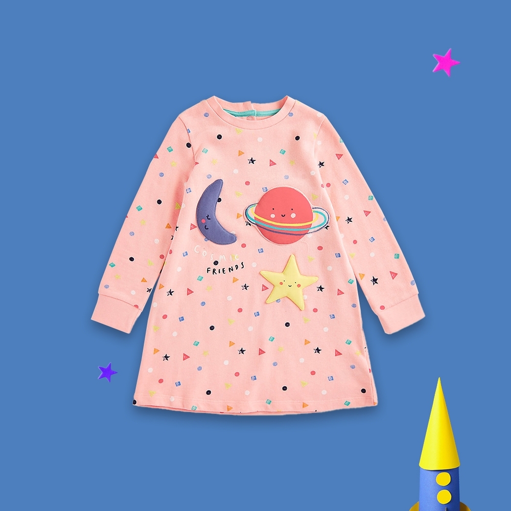 

Girls Full Sleeves Dress Wadded Appliques-Pink