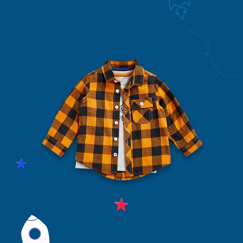 

Boys Full Sleeves Shirt Witth T Shirt Checked-Yellow