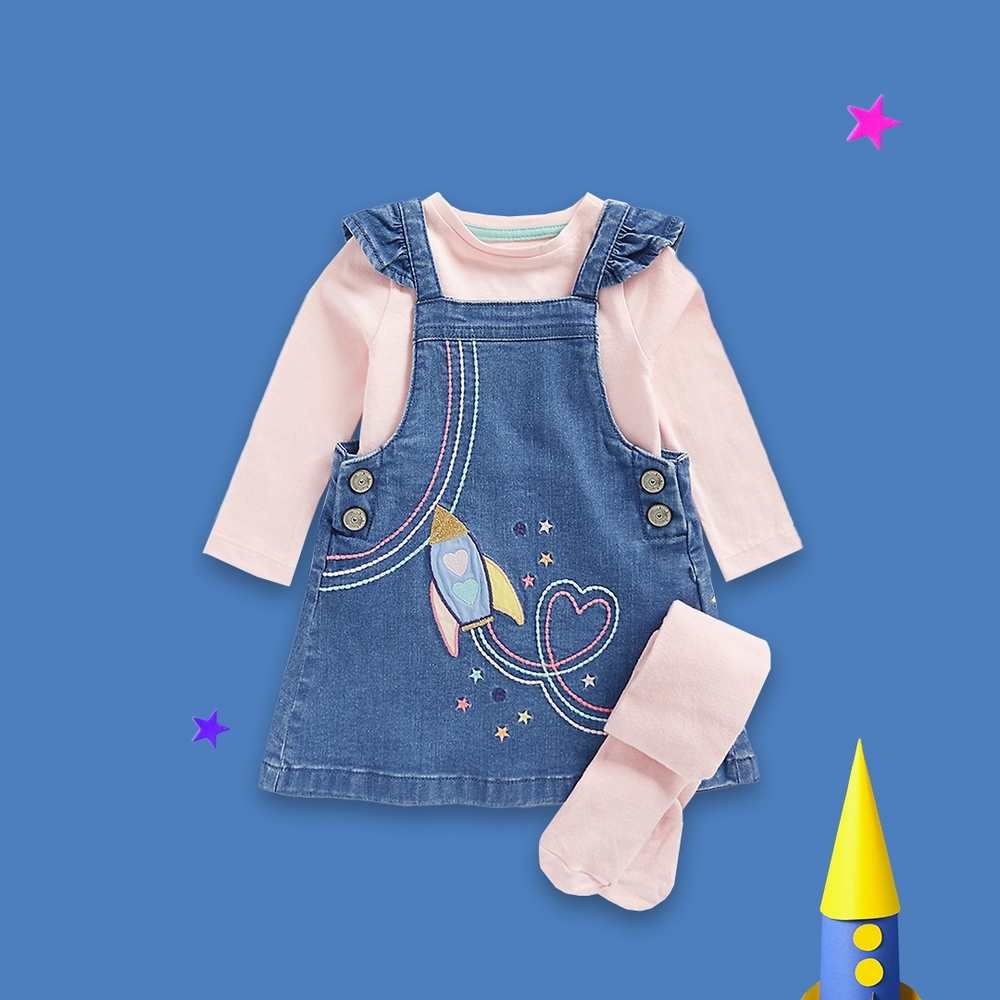 

Girls Full Sleeves Dungaree Onesie Set -Pack of 1-Denim