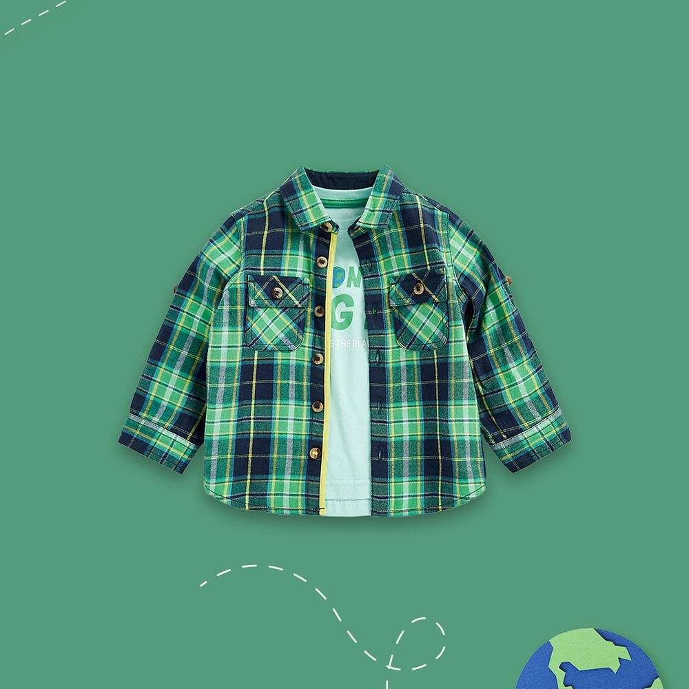 

Boys Full Sleeves Shirt Checked With Slogan Print-Pack of 1-Green