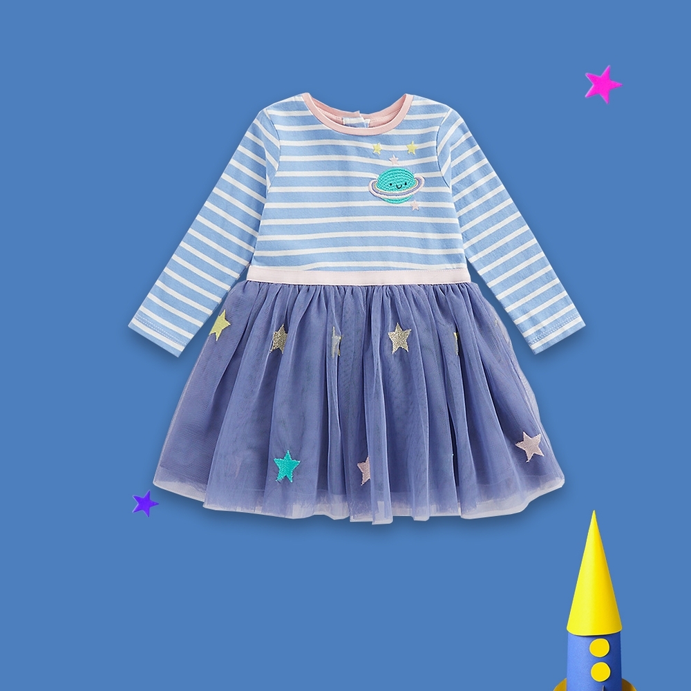

Girls Full Sleeves Dress Stars Design-Pack of 1-Blue