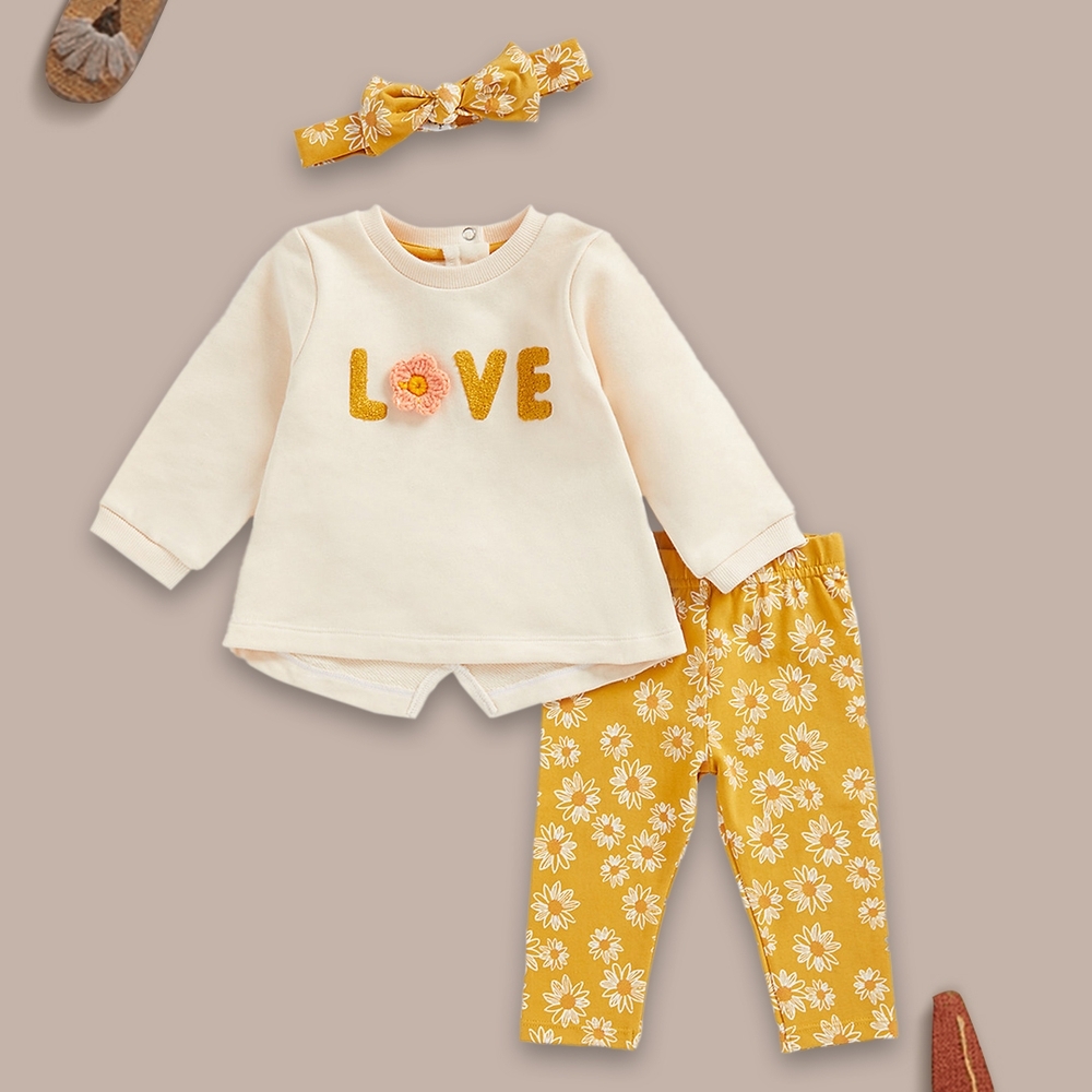 

Girls Full Sleeves Jogger&amp T-Shirt Set Flower Print With Headband-Multicolor