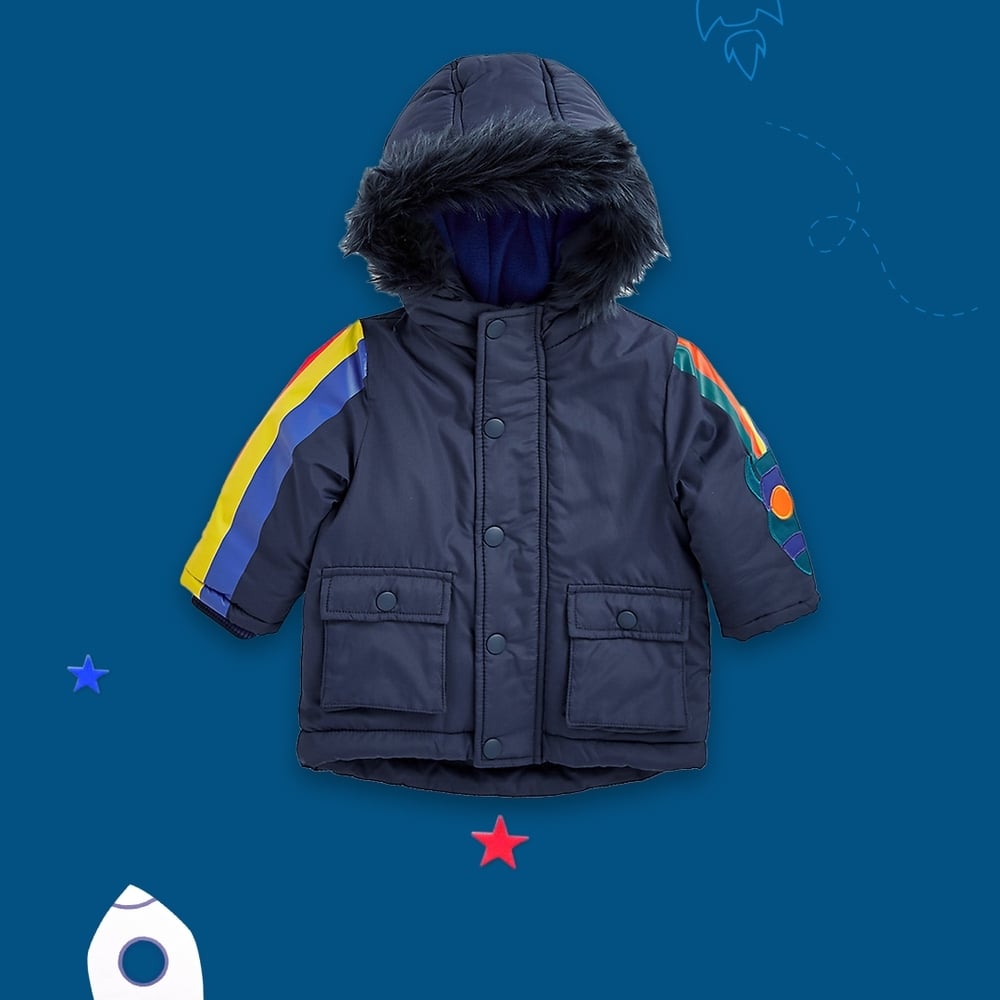 

Boys Full Sleeves Jacket Rainbow Design On Sleeves-Blue