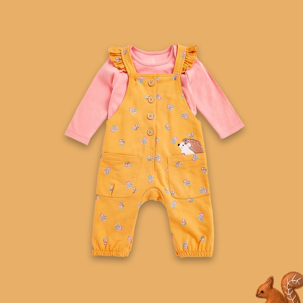 

Girls Full Sleeves Dungaree Set All Over Print-Pack of 1-Multicolor
