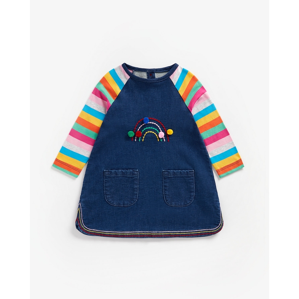 

Girls Full Sleeves Denim Dress Rainbow Embroidery - Blue
