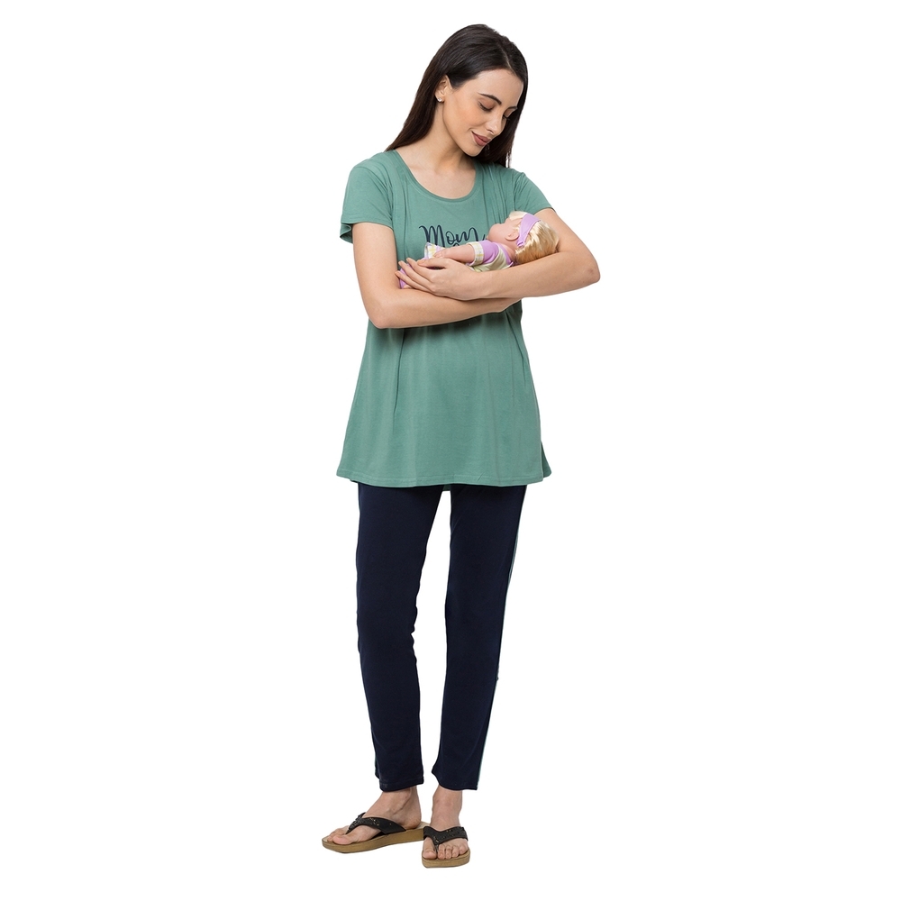 

Women Short Sleeve Nightsuit - Green&amp Navy Blue